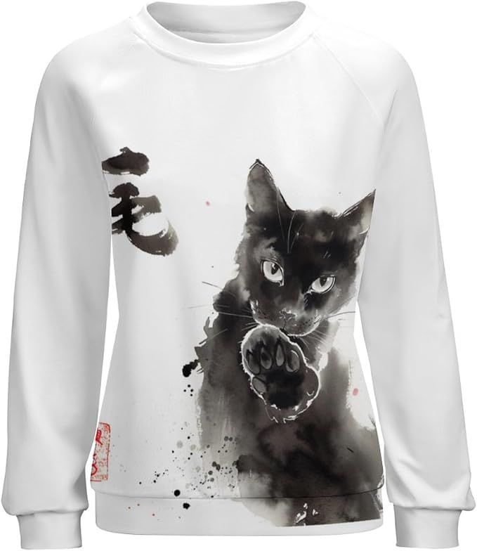 Long Sleeve Shirts for Women Cat Printed Fall Winter Dressy Holiday Casual Fashion Crewneck Tunic Tee Shirts