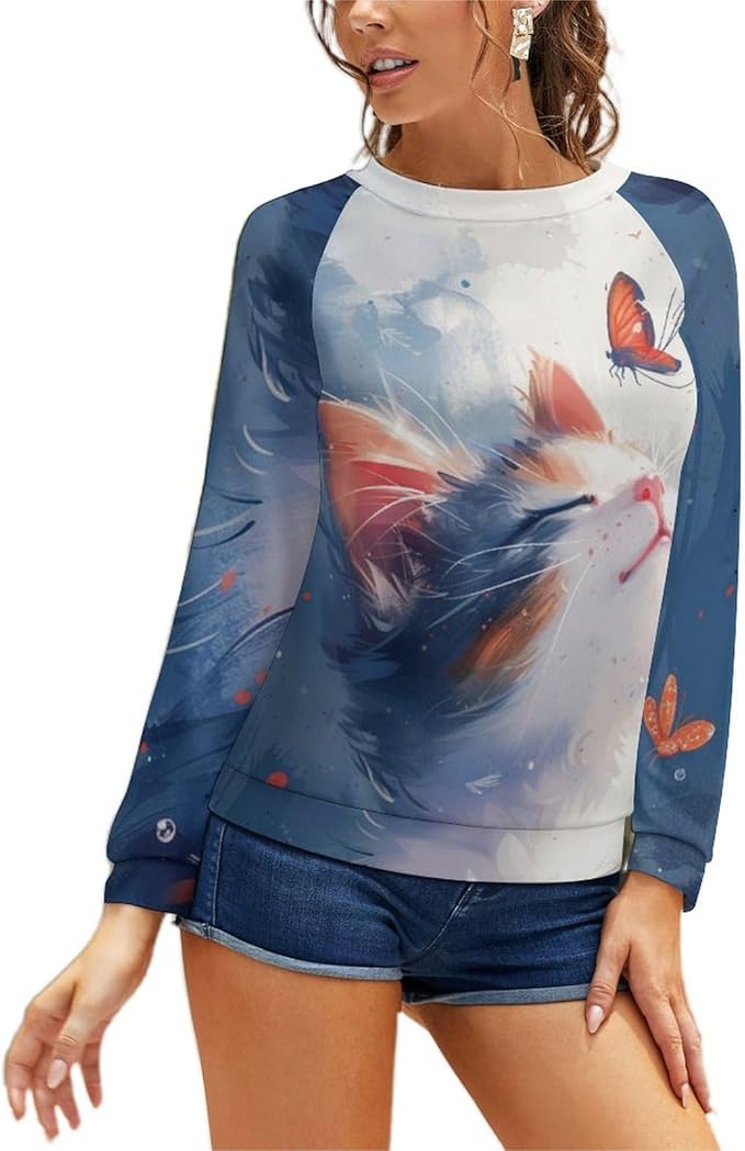 Long Sleeve Shirts for Women Cat Printed Fall Winter Dressy Holiday Casual Fashion Crewneck Tunic Tee Shirts