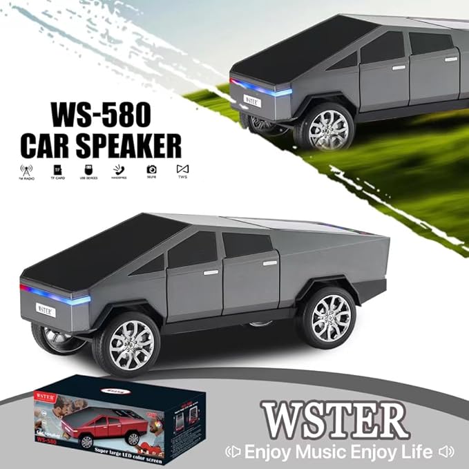 Futuristic Pickup Truck Bluetooth Speaker with LED Display Screen – TWS Stereo, FM Radio, USB/TF Playback, LED Headlights, Built-in Mic, Gift for Truck Fans, Auto Style Lovers&Tech Collectors (Silver)