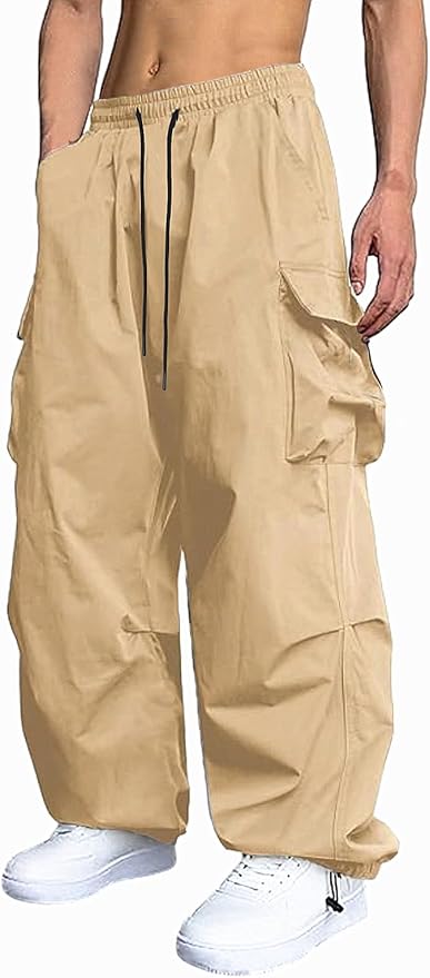 Men's Casual Cargo Pants Elastic Waist Drawstring Street Hip Hop Trousers with Pockets