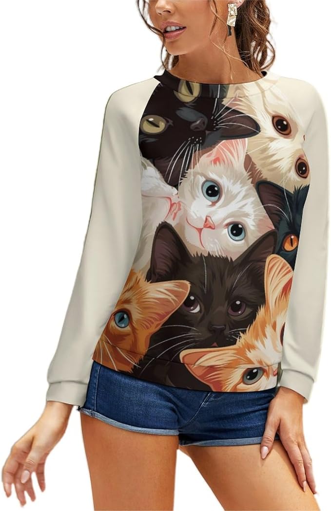Long Sleeve Shirt Women Fall Cat Print Funny Hide Belly Vacation Plus Size Ladies Hippie Dressy Sweaters