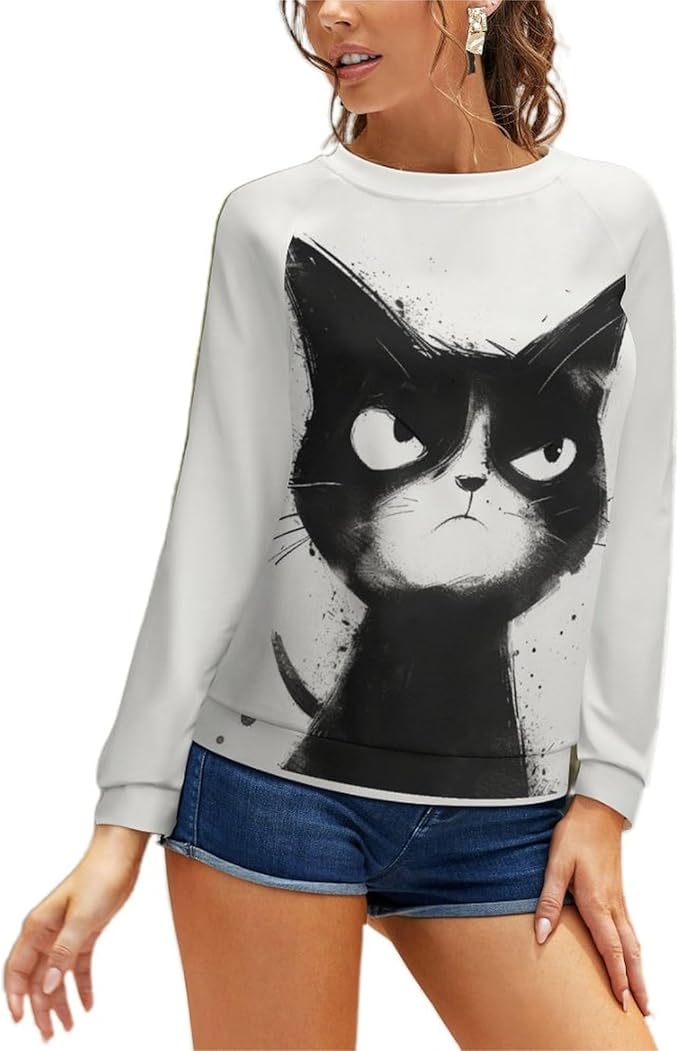 Long Sleeve Shirts for Women Cat Printed Fall Winter Dressy Holiday Casual Fashion Crewneck Tunic Tee Shirts