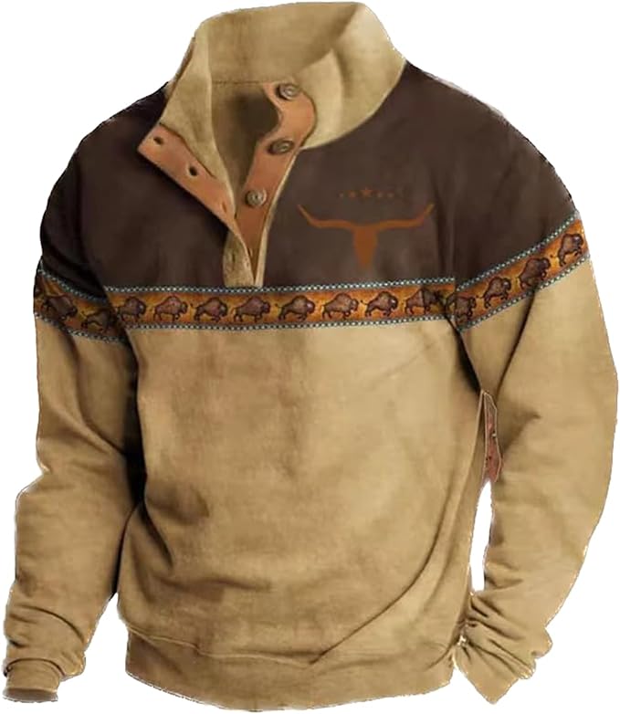 Western Sweatshirts for Men Aztec Retro Pullover Quarter Zip Sweatshirt Mens Stitching Color Fleece Sweatshirt