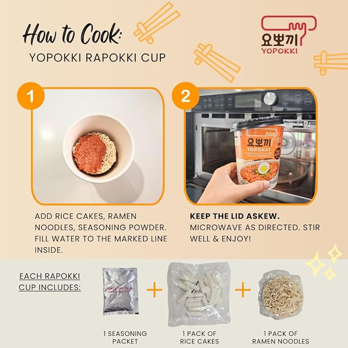 Yopokki Instant Rabokki Cup (Sweet Mild Spicy, 2 Cups) Korean Street food with sweet and moderately spicy sauce Ramen Noodle Topokki Rice Cake - Quick & Easy to Prepare