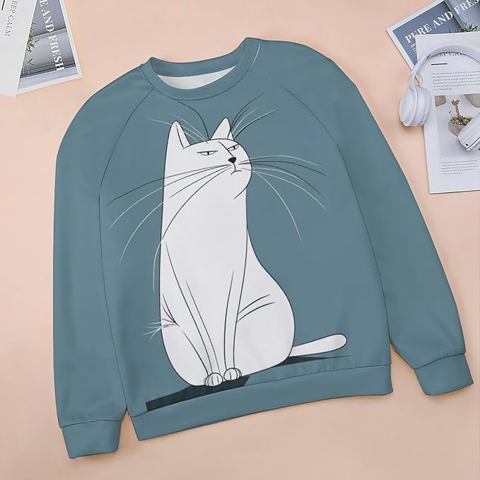 Long Sleeve Shirt Women Fall Cat Print Funny Hide Belly Vacation Plus Size Ladies Hippie Dressy Sweaters