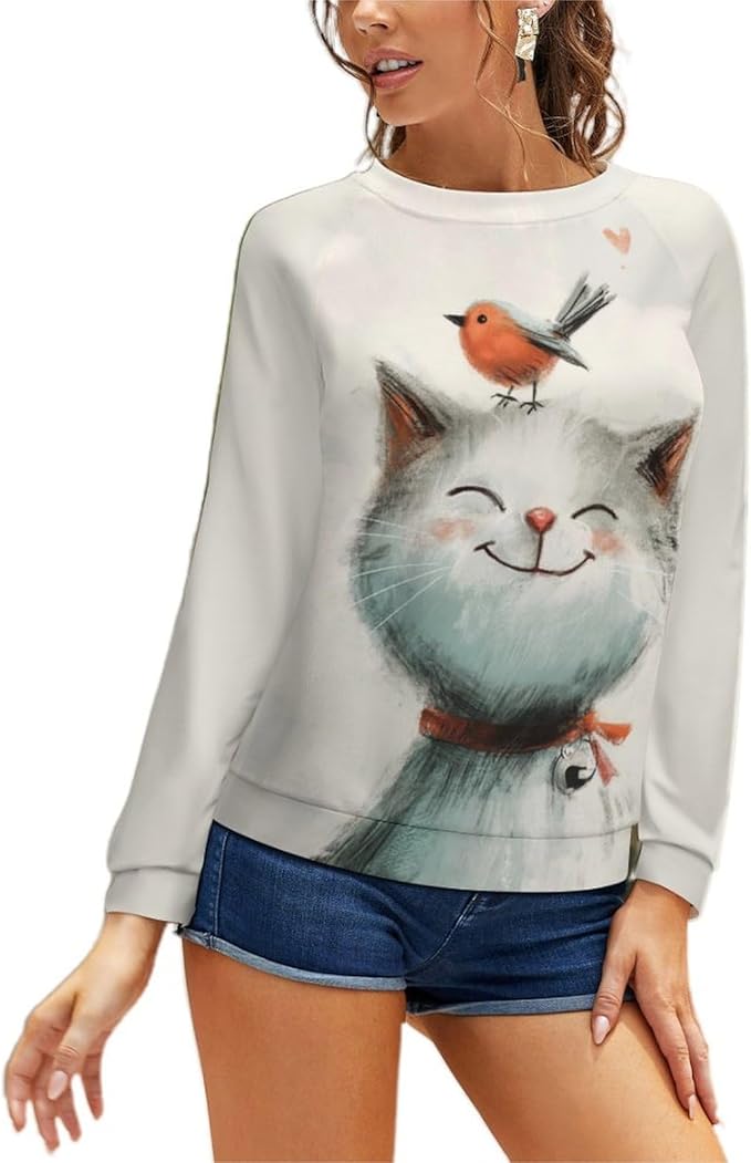 Long Sleeve Shirts for Women Cat Printed Fall Winter Dressy Holiday Casual Fashion Crewneck Tunic Tee Shirts