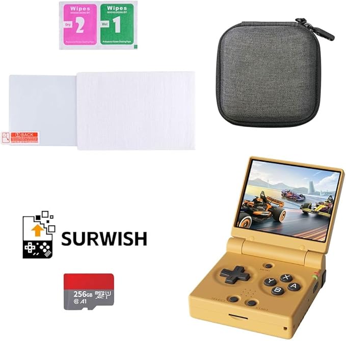 MindXplore Miy Mini Flip 2.8-Inch IPS Screen Retro Handheld Game Console + Flip Onion SD Card 128G + Tempered Glass Screen Protector + Storage Bag