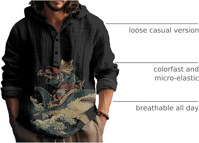 MARSVOVO Mens Japanese Art Long Sleeve Hooded Shirts Lightweight Quarter Button Hoodie Casual Cool Tops for Spring Fall