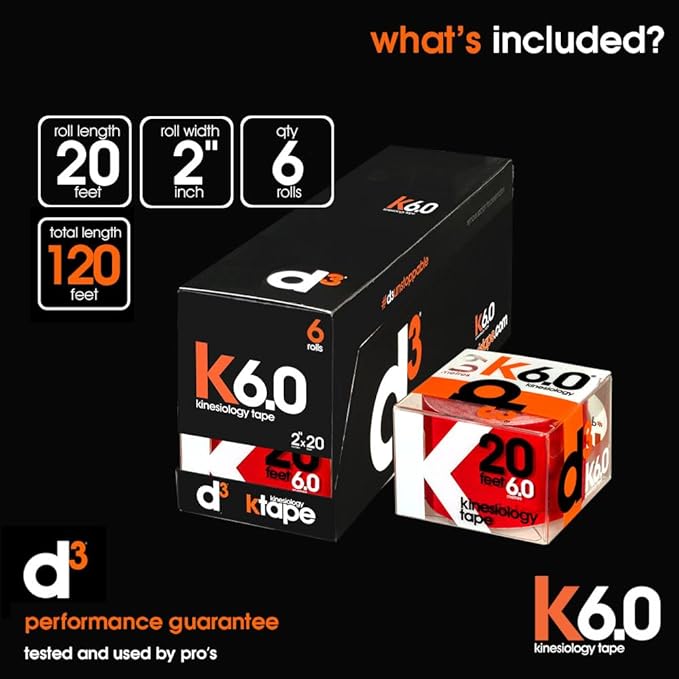 d3 K6.0 Kinesiology Tape - 2in x 20ft Red (6 Rolls) Latex-Free Hypoallergenic Joint Muscle Sports Medical Injury Support