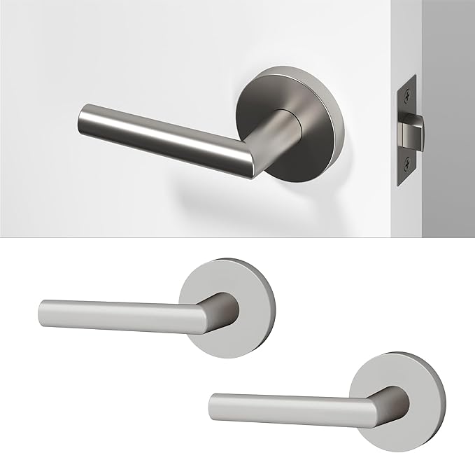 Okun Stark 2-Pack Brushed Nickel Passage Door Levers – Reversible Non-Locking Interior Handles with Sleek Concealed-Mount Design for Hallways & Closets