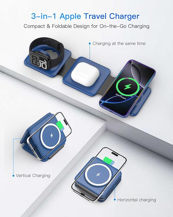 Charging Station for Apple Devices - 3 in 1 Magnetic Foldable Wireless Charger Dock - Travel Charging Pad for MagSafe iPhone 16 15 14 13 12 Pro Max Plus Watch & Airpods
