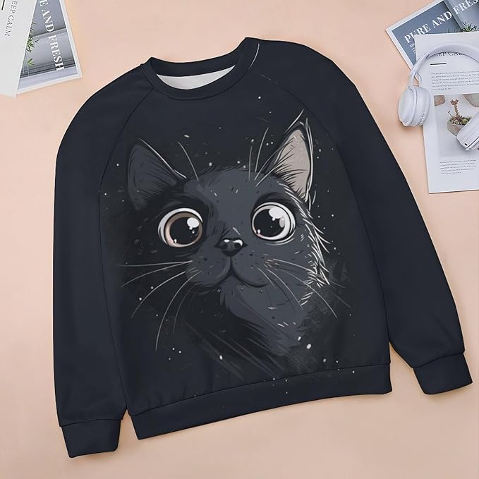 Long Sleeve Shirt Women Fall Cat Print Funny Hide Belly Vacation Plus Size Ladies Hippie Dressy Sweaters