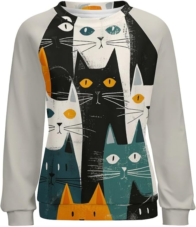 Long Sleeve Shirt Women Fall Cat Print Funny Hide Belly Vacation Plus Size Ladies Hippie Dressy Sweaters