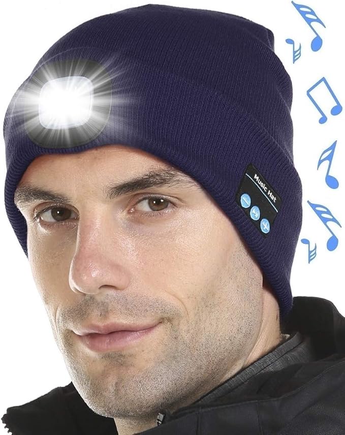 Bluetooth Beanie Hat with Light, Unisex LED Cap with Headphones Built-in Stereo Speakers & Mic, Tech Gift for Men Women Dad Navy Blue