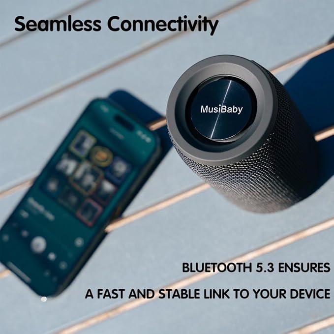 MusiBaby M68 Portable Bluetooth Speakers – Wireless, Waterproof, Dual Pairing, Deep Bass, Small & Loud with 24H+ Playtime – Outdoor Travel, Beach, Camping, Party, Gifts for Men Women (Black)