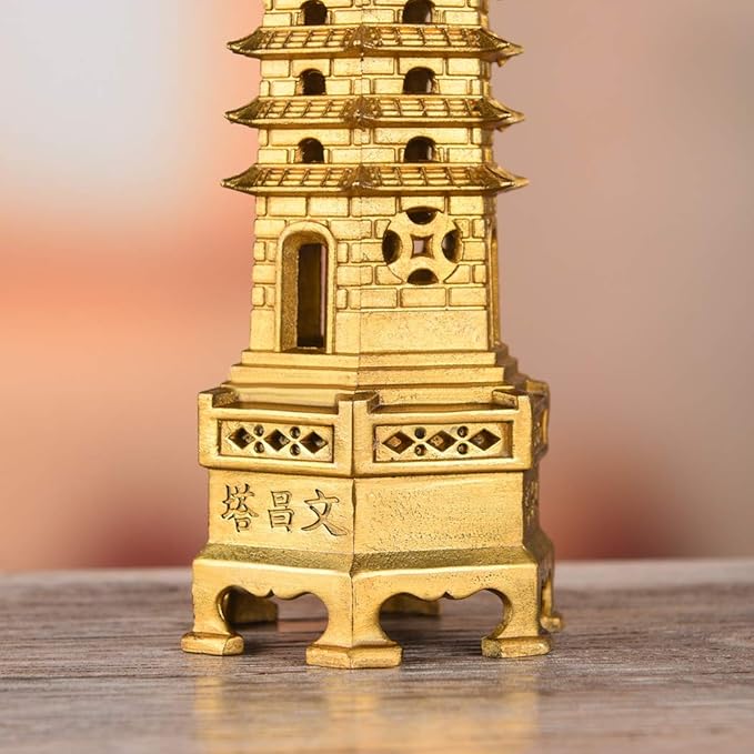 Brass Feng Shui Statue Wenchang Pagoda Layer 13 Tower 11.8” Length Sculpture Office Home Desk Decor Artifacts Attract Career Fame Academic Wisdom Education Luck TQZDPT40