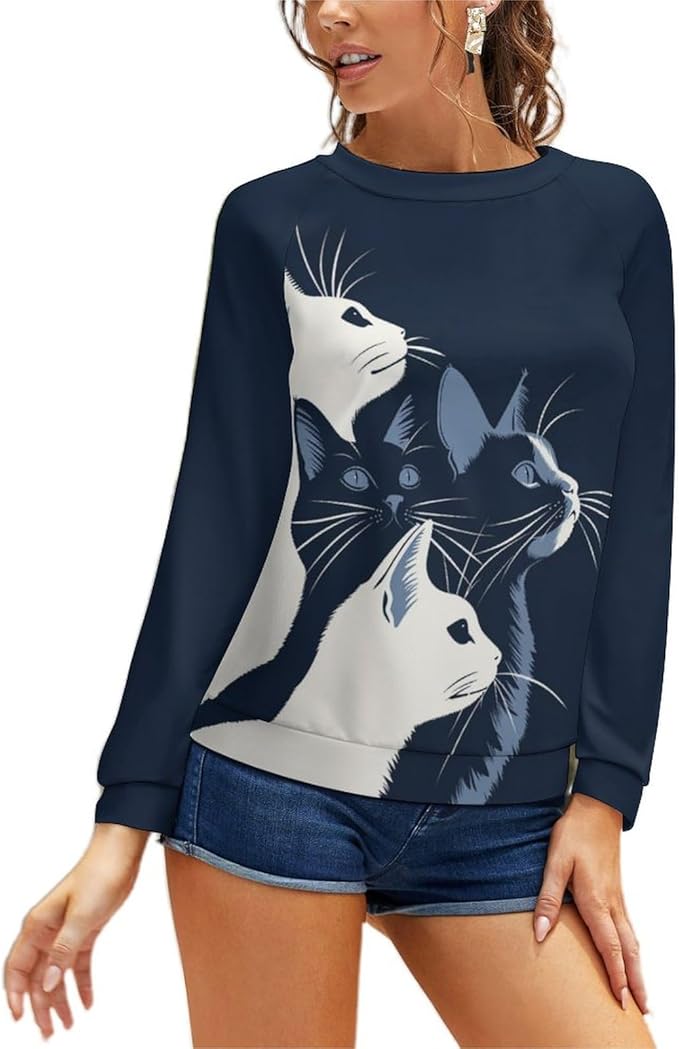 Long Sleeve Shirt Women Fall Cat Print Funny Hide Belly Vacation Plus Size Ladies Hippie Dressy Sweaters
