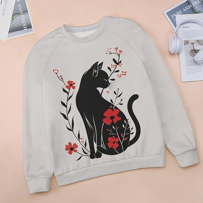 Sweatshirt for Women Cat Print Fashion Funny Plus Size Ladies Dressy Crewneck Casual Trendy Tee Shirts
