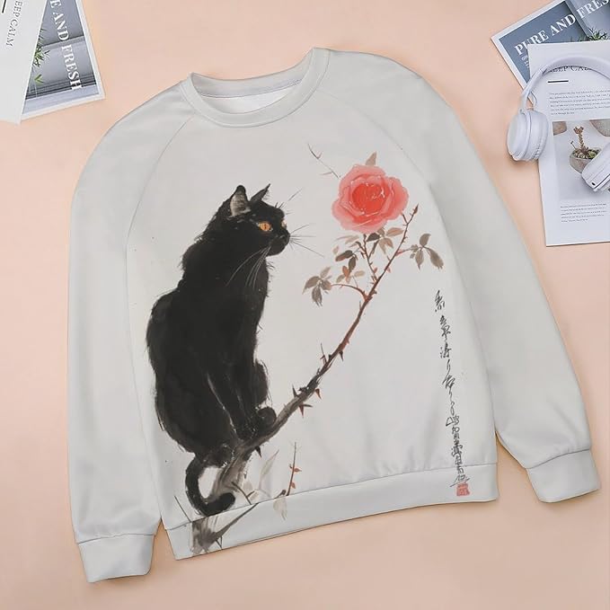 Sweatshirt for Women Cat Print Fashion Funny Plus Size Ladies Dressy Crewneck Casual Trendy Tee Shirts