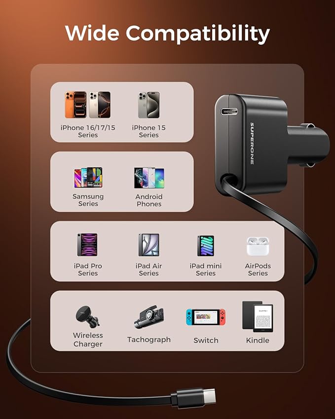 [Ultra Slim] SUPERONE iPhone 17/16/15 Retractable Car Charger USB C Fast Charging, Super Fast Type C Car Charger for iPhone 15/16/17,iPad,Samsung (USB C Cable)