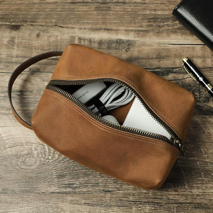 Genuine Leather Electronic Organizer Vintage Zipper Bag Travel Storage Case for Phone USB Cables (Camel)