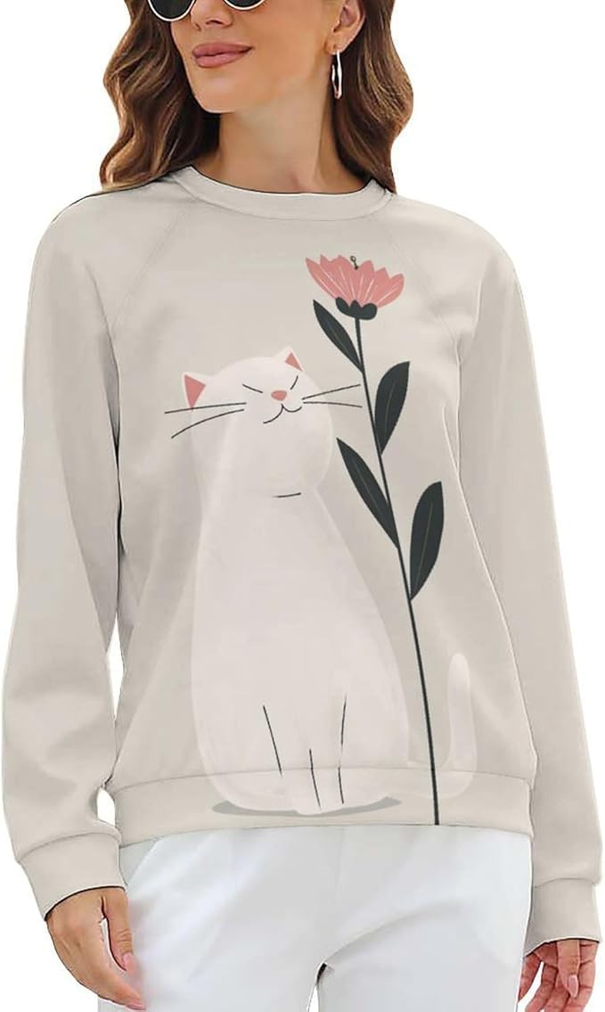 Long Sleeve Shirts for Women Cat Printed Fall Winter Dressy Holiday Casual Fashion Crewneck Tunic Tee Shirts