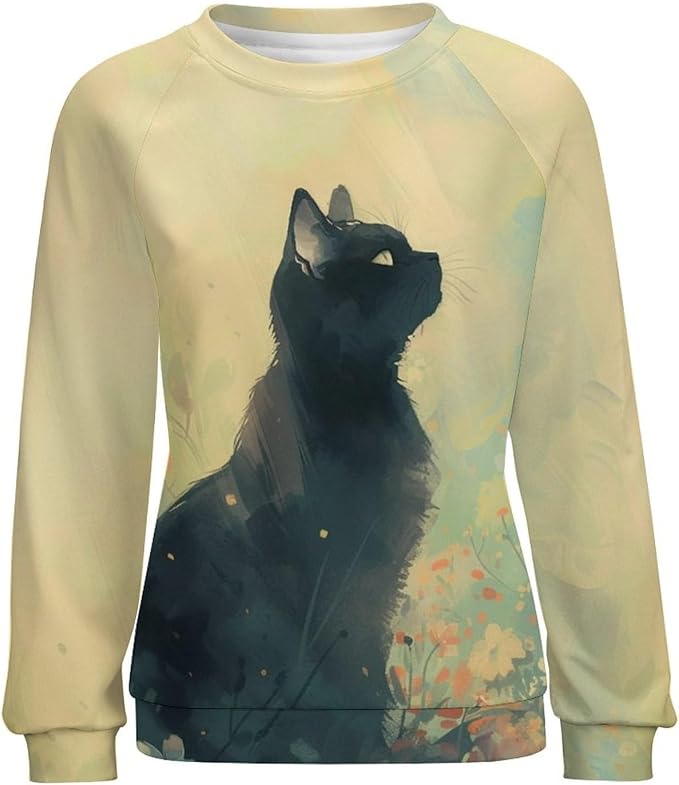 Long Sleeve Shirts for Women Cat Printed Fall Winter Dressy Holiday Casual Fashion Crewneck Tunic Tee Shirts