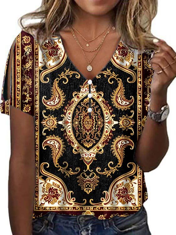 Women's Boho Butterfly Floral Print Cold Shoulder Flowy Tops Summer Dressy Casual V Neck Ladies Blouses Tunic Tops