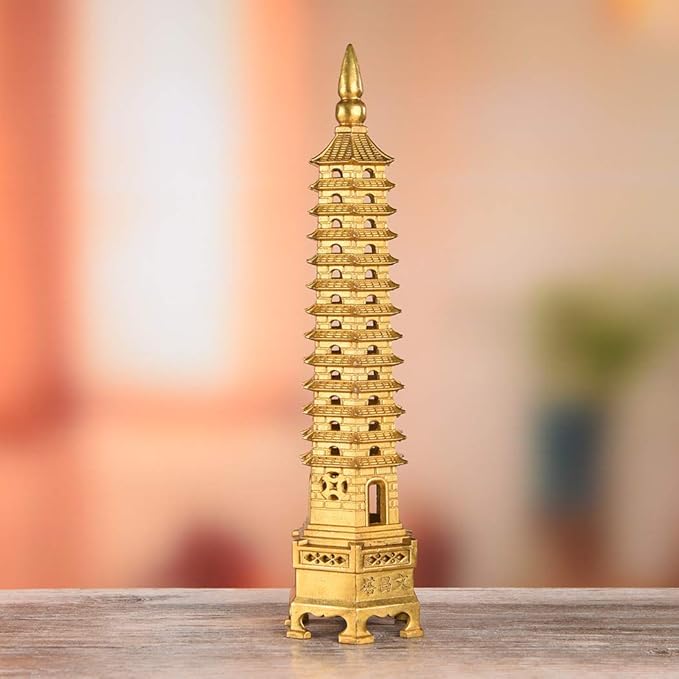 Brass Feng Shui Statue Wenchang Pagoda Layer 13 Tower 11.8” Length Sculpture Office Home Desk Decor Artifacts Attract Career Fame Academic Wisdom Education Luck TQZDPT40
