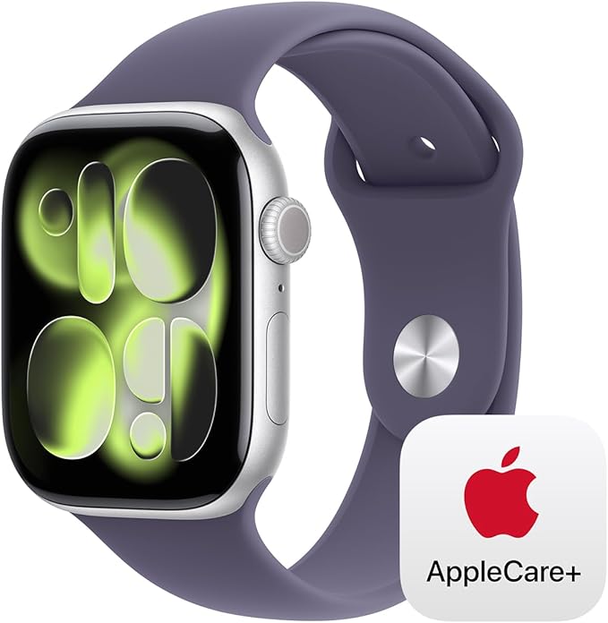 Apple Watch Series 11 [GPS + Cellular 46mm] Smartwatch with Silver Aluminium Case with Purple Fog Sport Band - M/L. Sleep Score, Fitness Tracker, Health Monitoring with AppleCare+ (2 Years)