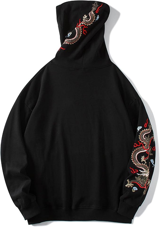 Streetwear Men's Dragon Embroidered Heavyweight Graphic Hoodies Japanese Techwear baggy Anime Hoodie