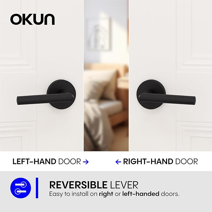 Okun Stark 6-Pack Matte Black Passage Door Levers – Reversible Non-Locking Interior Handles with Sleek Concealed-Mount Design for Hallways & Closets