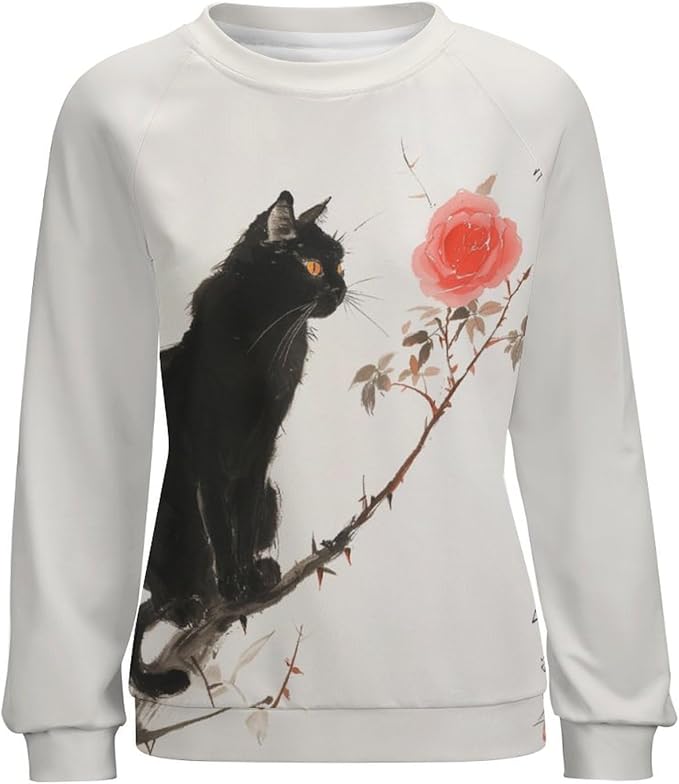 Sweatshirt for Women Cat Print Fashion Funny Plus Size Ladies Dressy Crewneck Casual Trendy Tee Shirts
