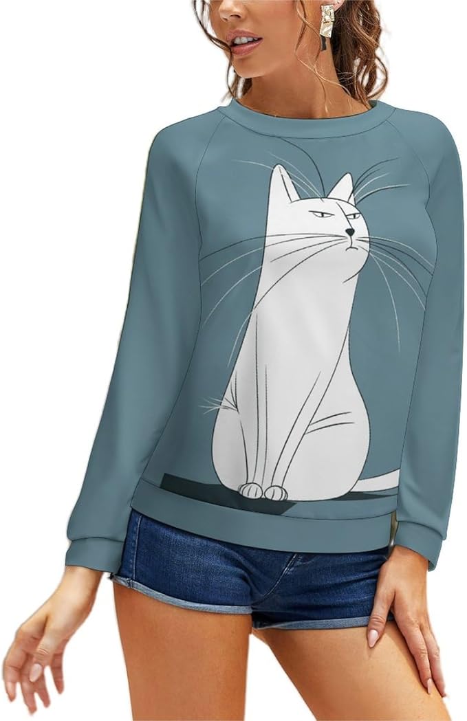 Long Sleeve Shirt Women Fall Cat Print Funny Hide Belly Vacation Plus Size Ladies Hippie Dressy Sweaters