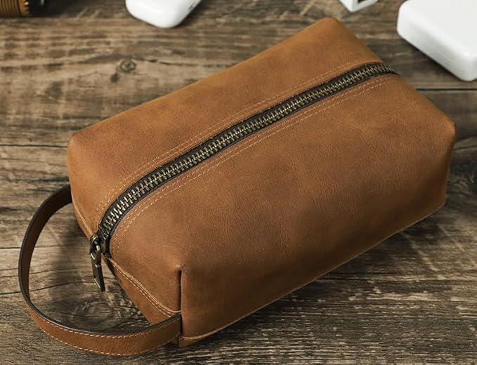 Genuine Leather Electronic Organizer Vintage Zipper Bag Travel Storage Case for Phone USB Cables (Camel)