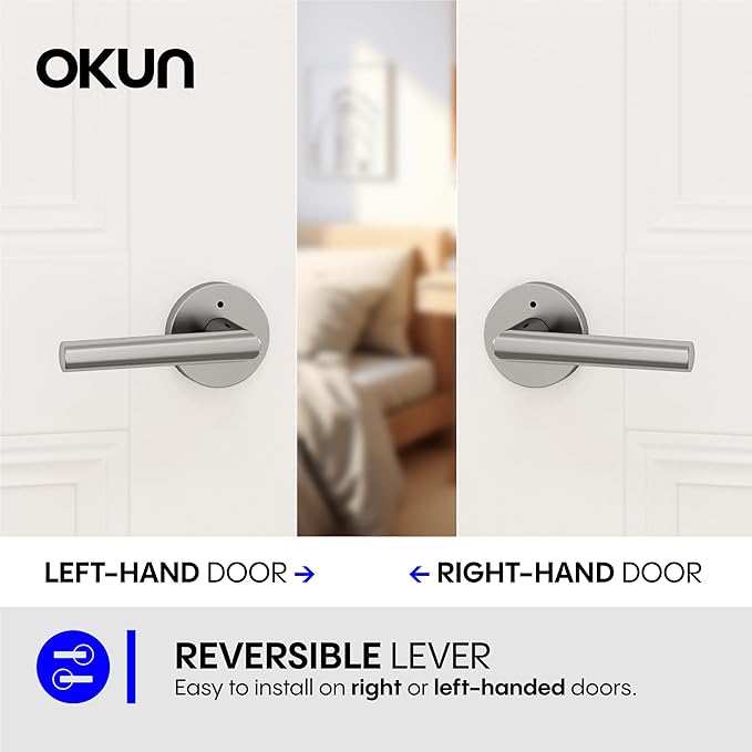 Okun Stark 6-Pack Brushed Nickel Privacy Door Levers – Push Button Lock, Reversible, Sleek Concealed-Mount Design for Bedroom & Bathroom