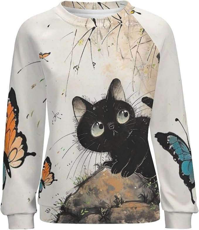 Long Sleeve Shirts for Women Cat Printed Fall Winter Dressy Holiday Casual Fashion Crewneck Tunic Tee Shirts