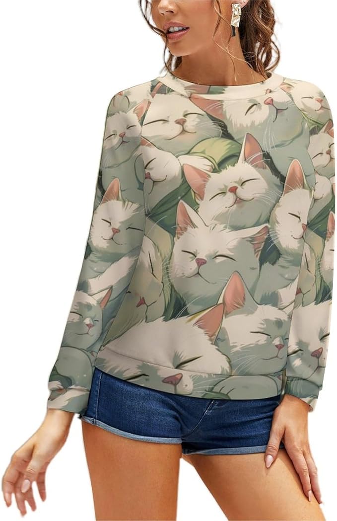 Long Sleeve Shirt Women Fall Cat Print Funny Hide Belly Vacation Plus Size Ladies Hippie Dressy Sweaters