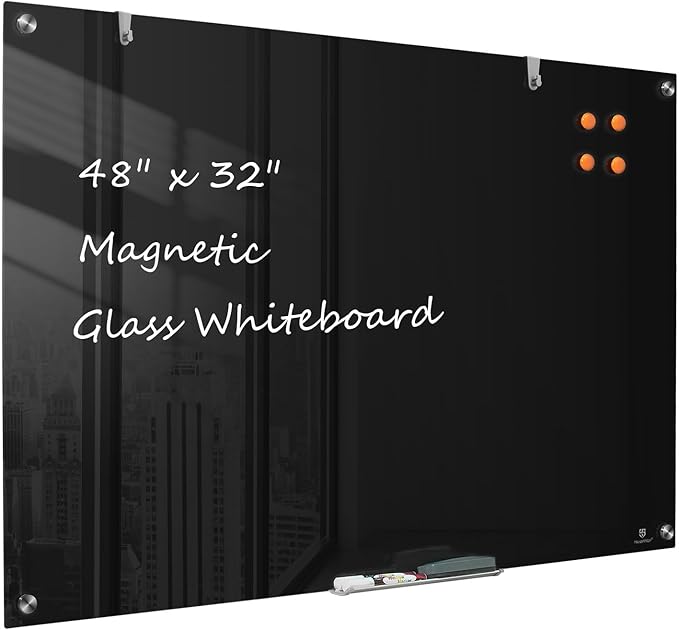 TSJ OFFICE Glass Dry-Erase Board - 48 x 32 Inches Wall Mounted Black Glass Magnetic Whiteboard, Large Frameless White Board for Office, Home & School