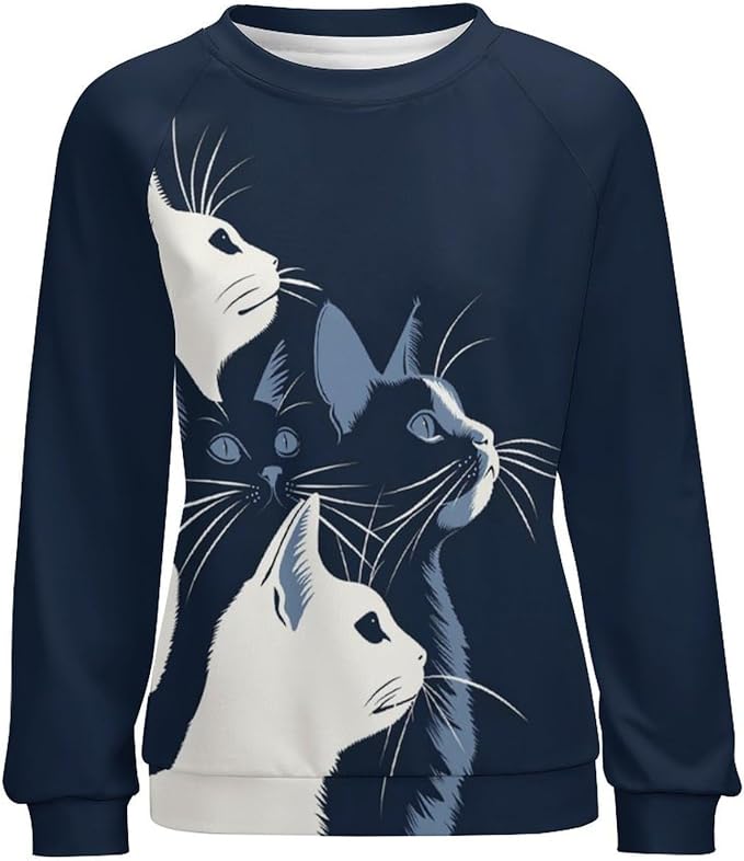 Long Sleeve Shirt Women Fall Cat Print Funny Hide Belly Vacation Plus Size Ladies Hippie Dressy Sweaters