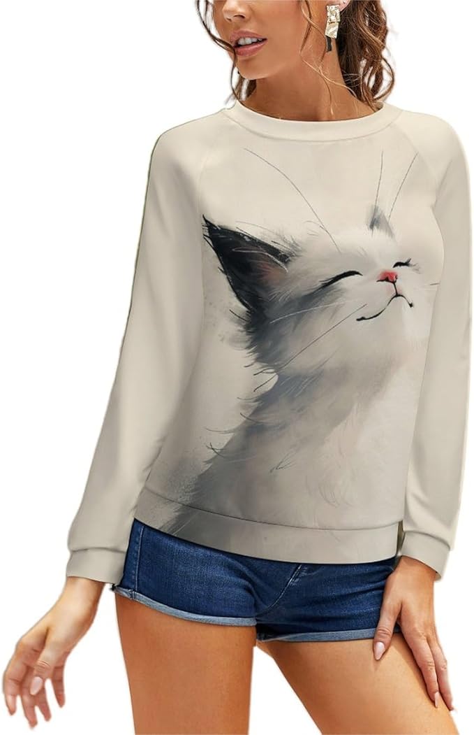 Long Sleeve Shirt Women Fall Cat Print Funny Hide Belly Vacation Plus Size Ladies Hippie Dressy Sweaters