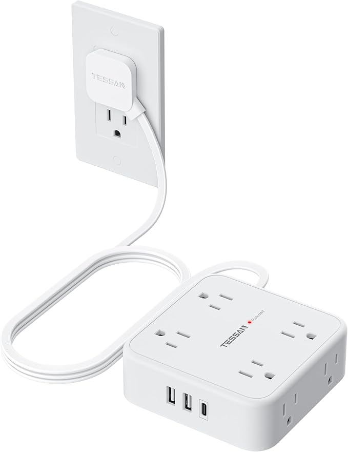 TESSAN Flat Plug Extension Cord, 5 Ft Surge Protector Power Strip with 3 USB (1 USB C) 8 Outlets, 900J Surge Protection, 3 Sided Outlet Extender with Power Switch for Dorm Room Essentials, White