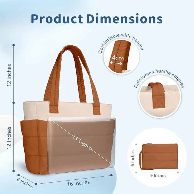TOPDesign Puffer Tote Bag for Women, Lightweight Puffy Handbag with Compartments, Quilted Shoulder Bag for Work, Travel, Gym