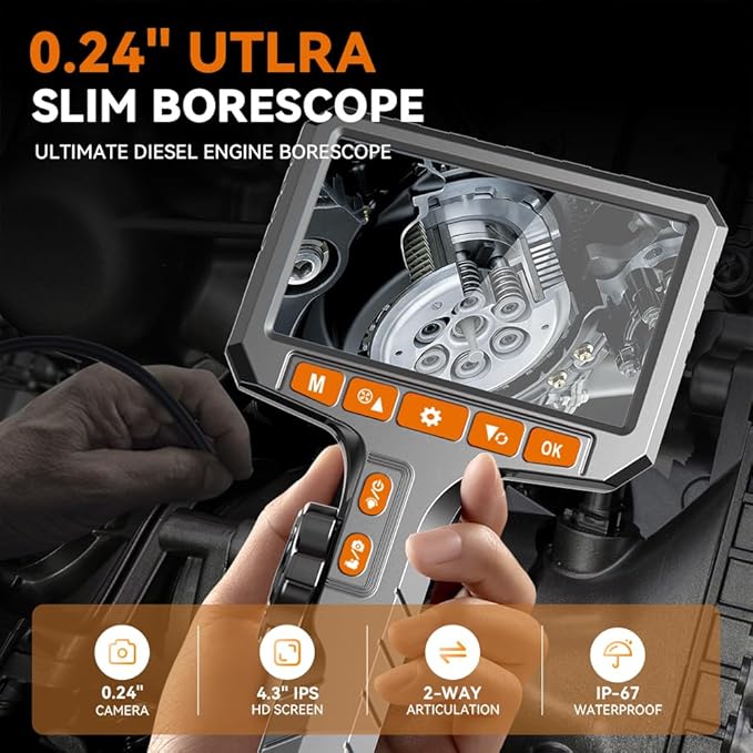 360° Flexible Endoscope Camera with Light,Inspection Endoscope, 0.24-inch Probe Scope Cameras, 4.3-inch Display Snake Camera, Borescopes for Automotive Inspection and Machinery Maintenanc, 3.3ft