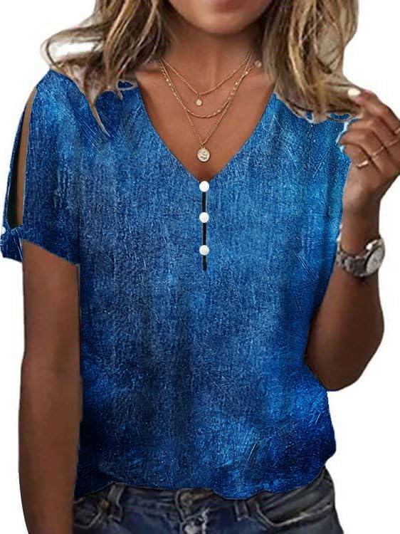Women's Boho Butterfly Floral Print Cold Shoulder Flowy Tops Summer Dressy Casual V Neck Ladies Blouses Tunic Tops