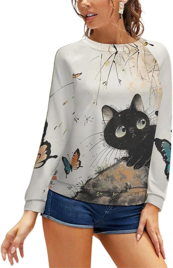 Long Sleeve Shirts for Women Cat Printed Fall Winter Dressy Holiday Casual Fashion Crewneck Tunic Tee Shirts