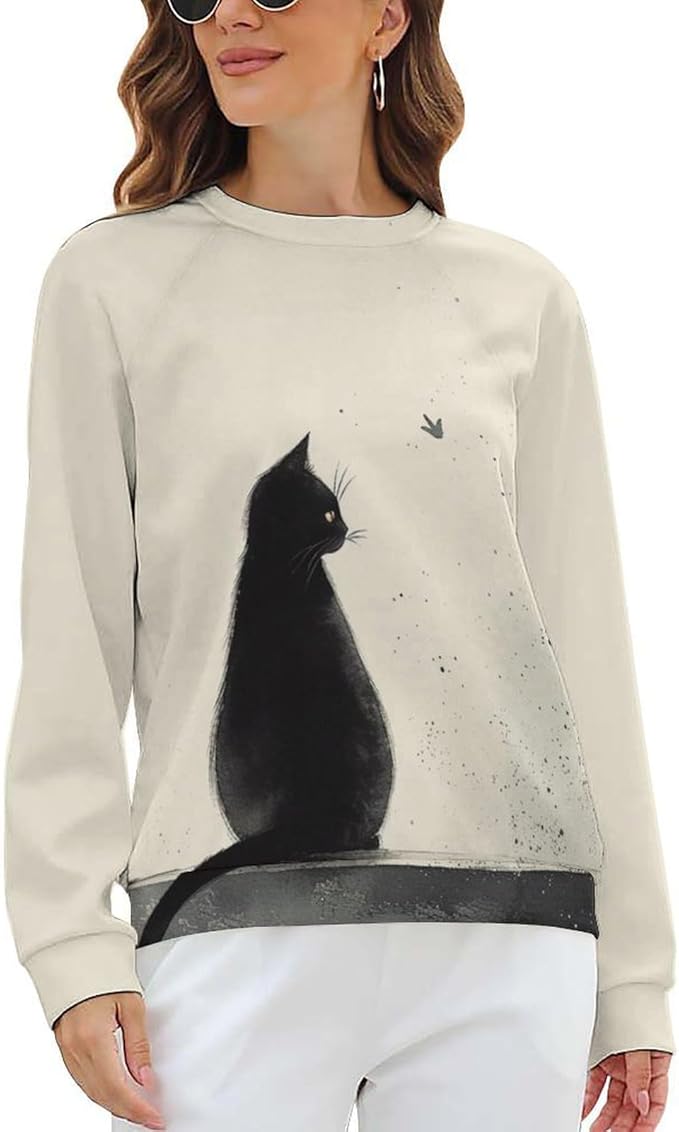 Long Sleeve Shirts for Women Cat Printed Fall Winter Dressy Holiday Casual Fashion Crewneck Tunic Tee Shirts