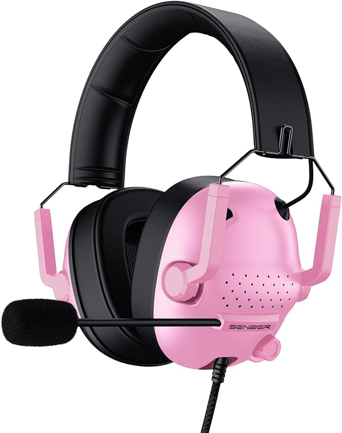 SENZER SG500 Surround Sound Pro Gaming Headset with Noise Cancelling Microphone - Soft Memory Foam Padding - Portable Foldable Headphones for PC, PS4, PS5, Xbox One, Switch - Pink