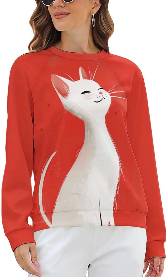 Long Sleeve Shirts for Women Cat Printed Fall Winter Dressy Holiday Casual Fashion Crewneck Tunic Tee Shirts