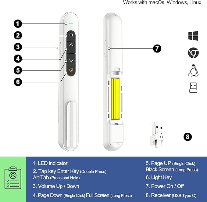 QUI Presentation Clicker for PowerPoint, RF 2.4GHz USB C Wireless Presenter Remote with Volume Control, PowerPoint Clicker Slide Advancer for Mac, Windows, Laptop, Keynote
